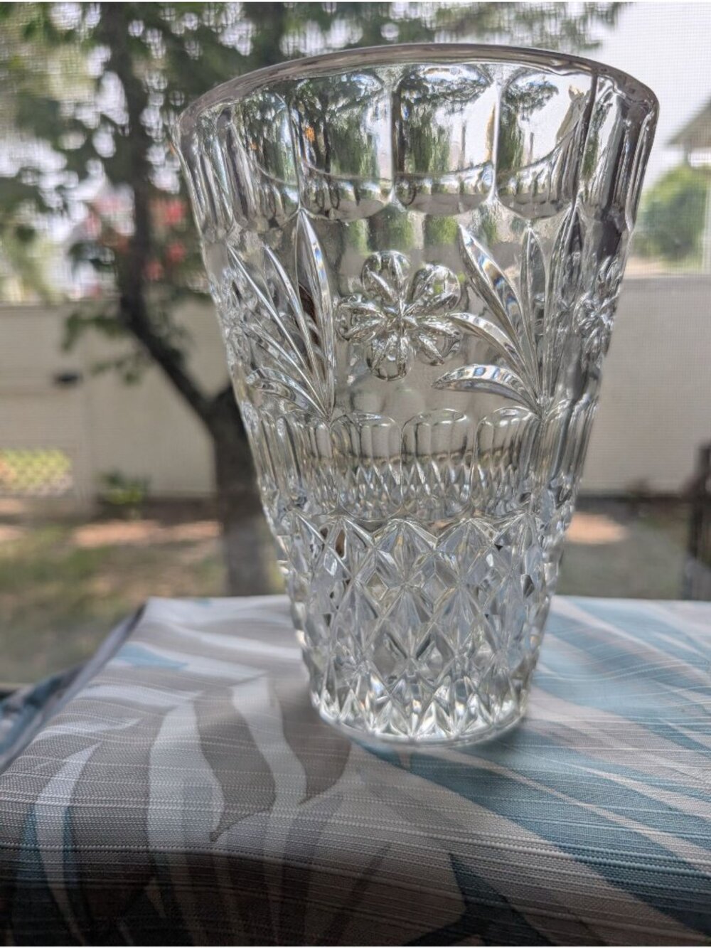 Vintage Cut Crystal Vase 7 in Geometric Floral Design Mid Century Modern